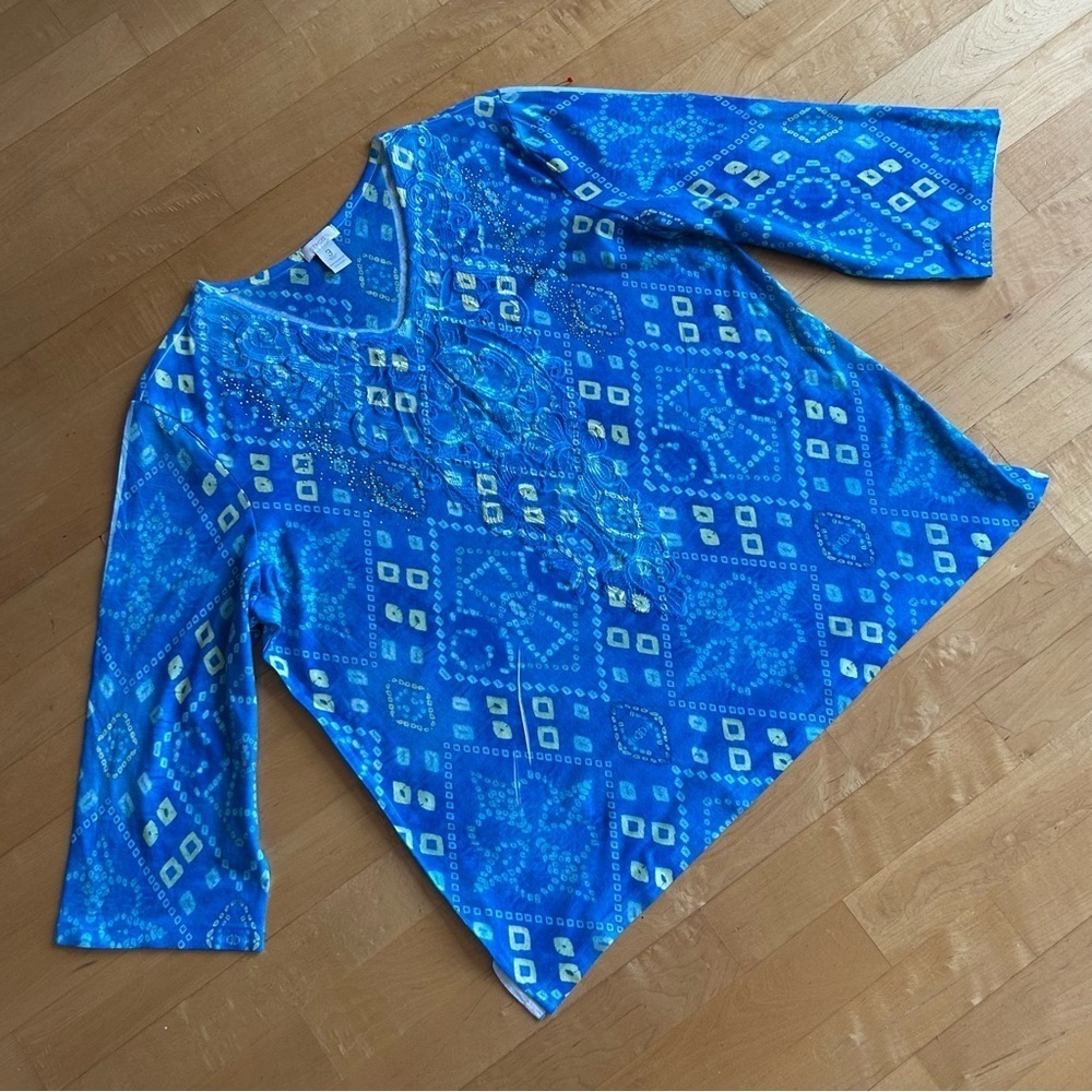 Chico's Abstract Embellished Tunic Top, Blue, Green, Size 3 (XL/16)